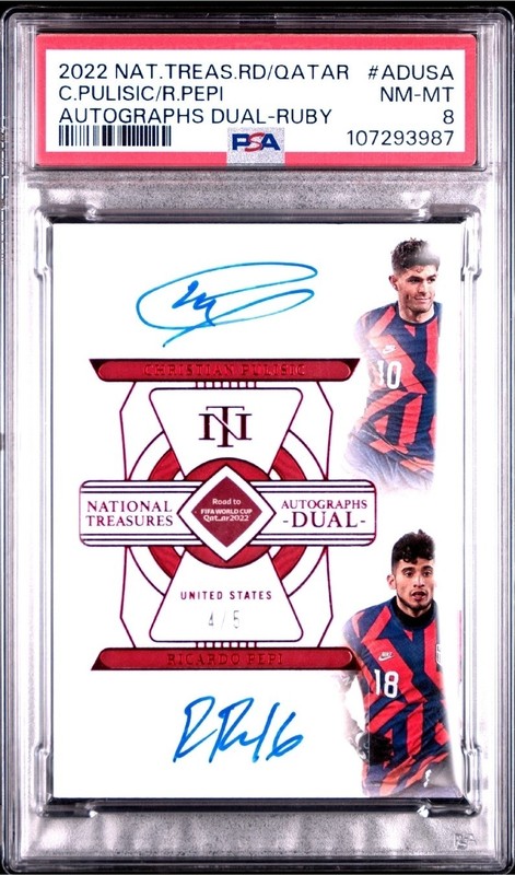2022 Panini National Treasures Christian Pulisic Ricardo Pepi Dual Auto /5 PSA 8