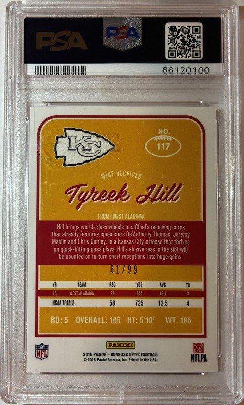 2016 Panini Donruss Optic #117 Tyreek Hill RC Rookie Red Prizm /99 PSA 9 Mint view 2
