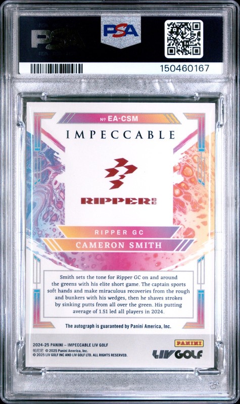 CAMERON SMITH 2024 IMPECCABLE LIV GOLF GOLD EXTRAVAGANCE ROOKIE AUTO 1/10 PSA 9 view 2