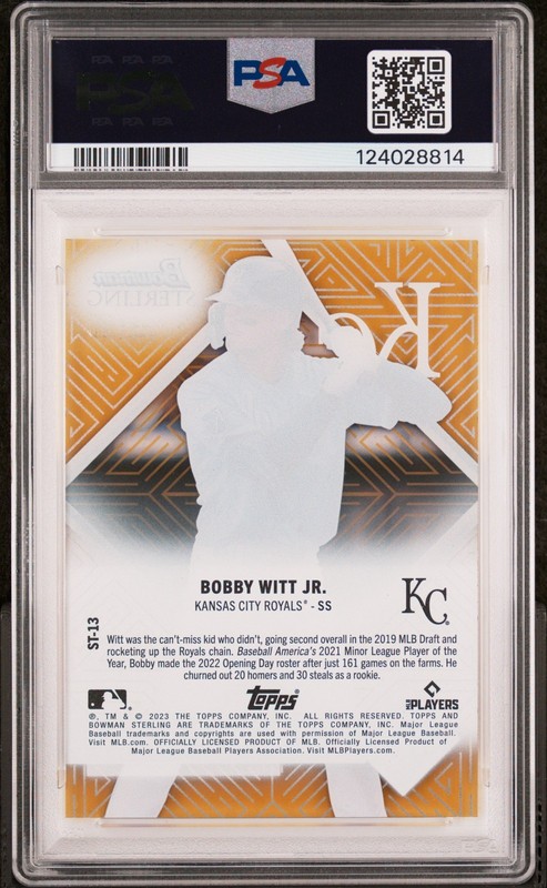 BOBBY WITT JR 2023 BOWMAN STERLING TEK GOLD REFRACTOR SP 33/50 PSA 9 MINT view 2