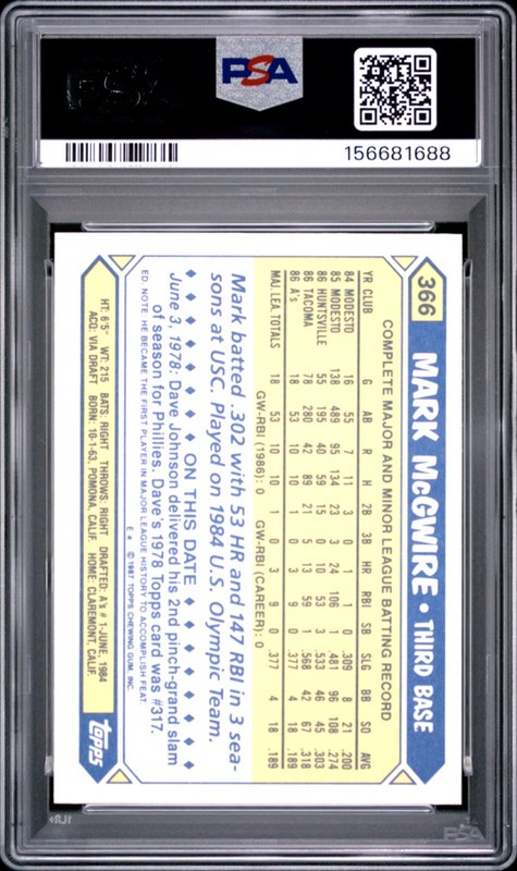 1987 Topps Tiffany Mark McGwire #366 PSA 9 view 2