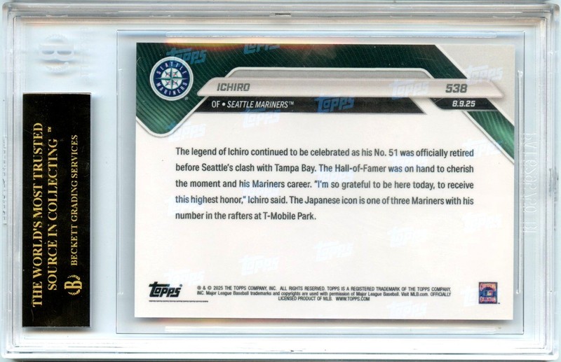 ICHIRO 2025 TOPPS NOW NUMBER RETIRED #538 BGS 10 PRISTINE BLACK LABEL MARINERS view 2