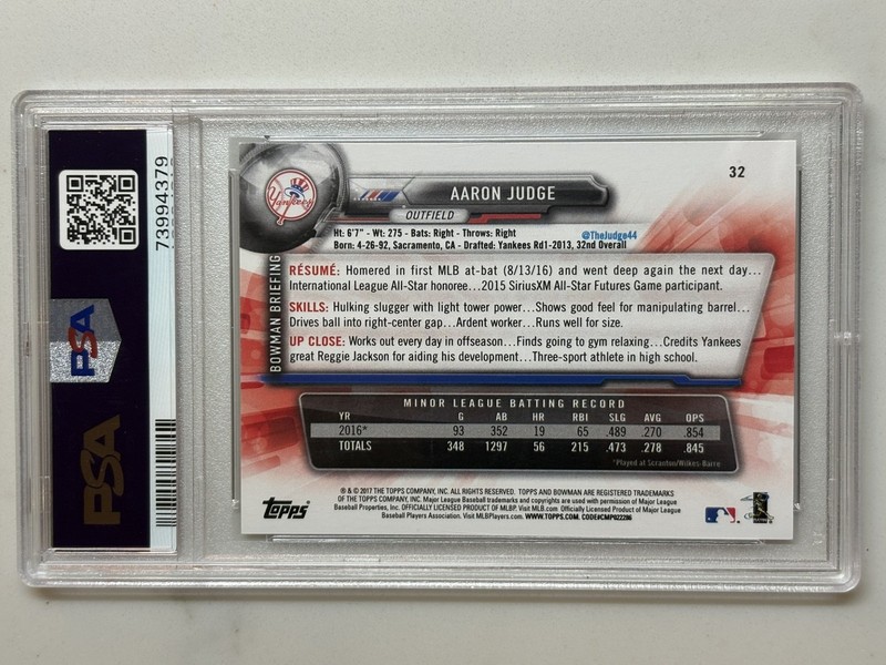 Aaron Judge 2017 Bowman #32 Rookie RC New York Yankees PSA 9 Mint view 2