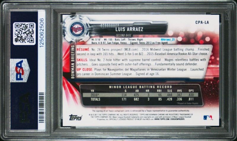 LUIS ARRAEZ RC 2017 1ST BOWMAN CHROME PROSPECT ROOKIE AUTO PSA 10 GEM MINT view 2