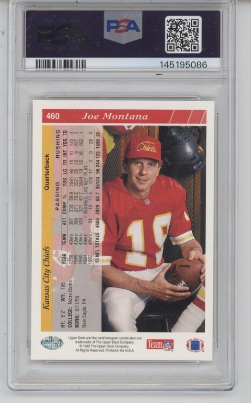 1993 Upper Deck Football #460 Joe Montana Psa 9 view 2