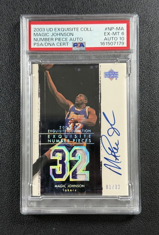MAGIC JOHNSON PSA 6 2003 UD EXQUISITE NUMBER PIECES GU PATCH AUTO 1/32 LAKERS