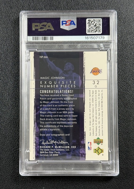 MAGIC JOHNSON PSA 6 2003 UD EXQUISITE NUMBER PIECES GU PATCH AUTO 1/32 LAKERS view 2