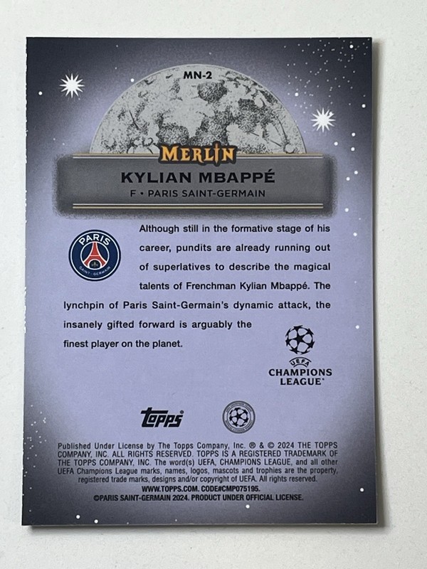 KYLIAN MBAPPE 2023-24 Topps Merlin Mystic Nights Refractor PSG #MN-2 “NM/MT” view 2