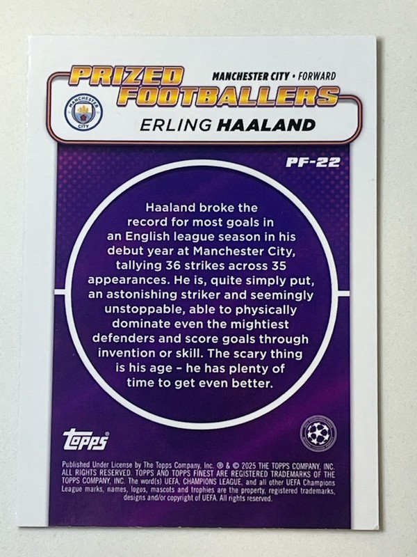 ERLING HAALAND 2024-25 Topps Finest UEFA Prized Footballers Insert #PF-22 NM/MT view 2