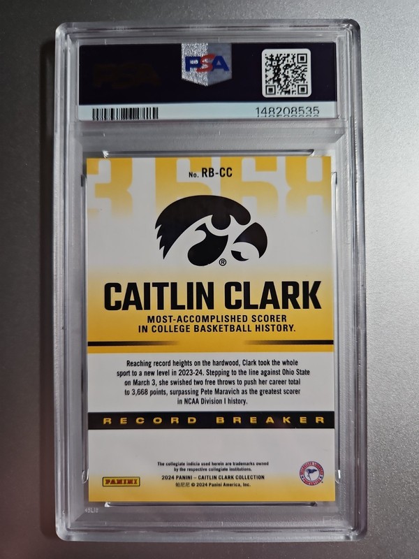 2024 Panini Caitlin Clark Collection Record Breaker PSA 9 #RBCC Iowa Hawkeyes view 2