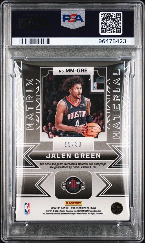 2023 Obsidian Matrix Material Autographs Jalen Green Purple Flood 19/30 PSA 9 view 2