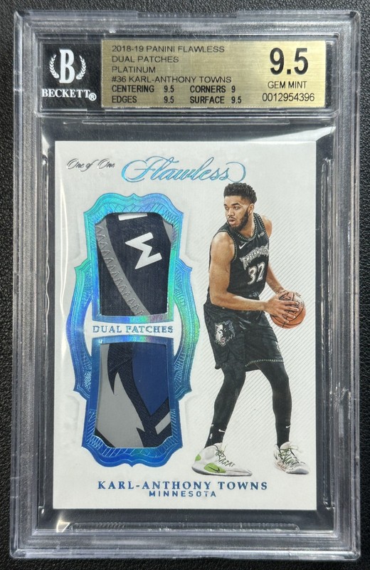 KARL-ANTHONY TOWNS BGS 9.5 2018 PANINI FLAWLESS DUAL GU LOGO PATCH PLATINUM 1/1