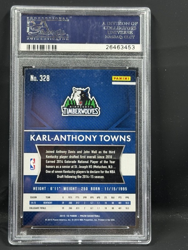 2015 Panini Prizm Karl - Anthony Towns RC  #328 PSA 10 KNICKS NBA Finals view 2