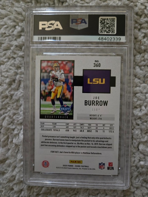 2020 Panini Score Joe Burrow Rokkie PSA10 view 2