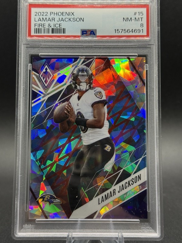 2022 Panini Phoenix - Lamar Jackson #15 Fire & Ice /50 PSA 8