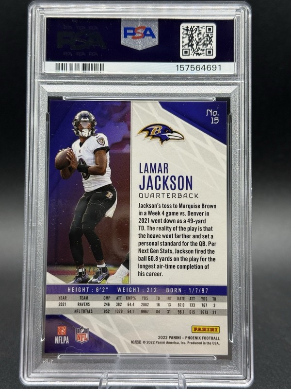 2022 Panini Phoenix - Lamar Jackson #15 Fire & Ice /50 PSA 8 view 2