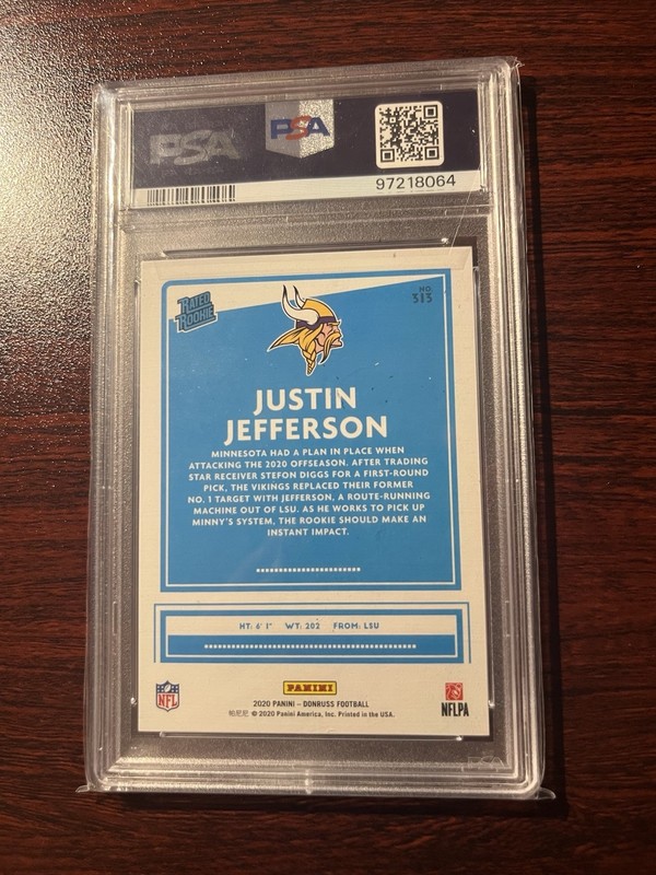 2020 Donruss Justin Jefferson Silver Press Proof RC /100 PSA 10 #313 Jersey# view 2