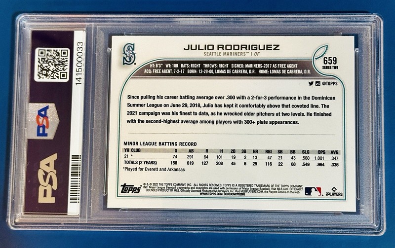 2022 Topps Series 2 JULIO RODRIGUEZ PSA 10 SP (RC) #659 Variation Mariners view 2