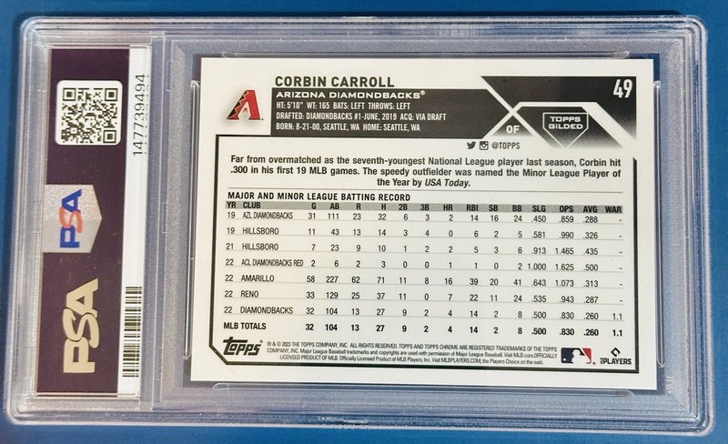 2023 Topps Gilded CORBIN CARROLL Gold Etch Wave Chrome Refractor /75 (RC) PSA 9 view 2