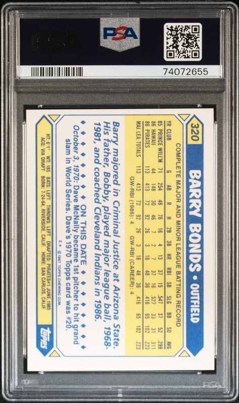 1987 Topps Tiffany #320 Barry Bonds PSA 8 view 2