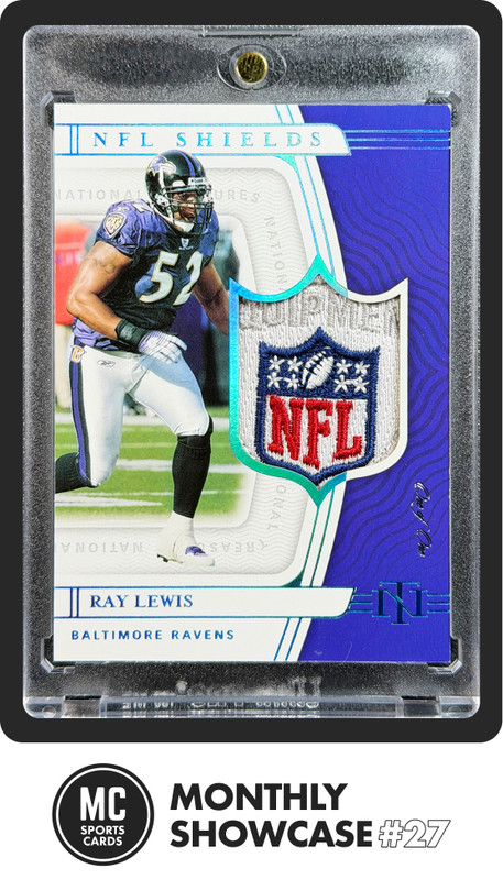 1/1 RAY LEWIS 2021 NATIONAL TREASURES #49 GAME-USED NFL SHIELDS PATCH LOGO 1/1