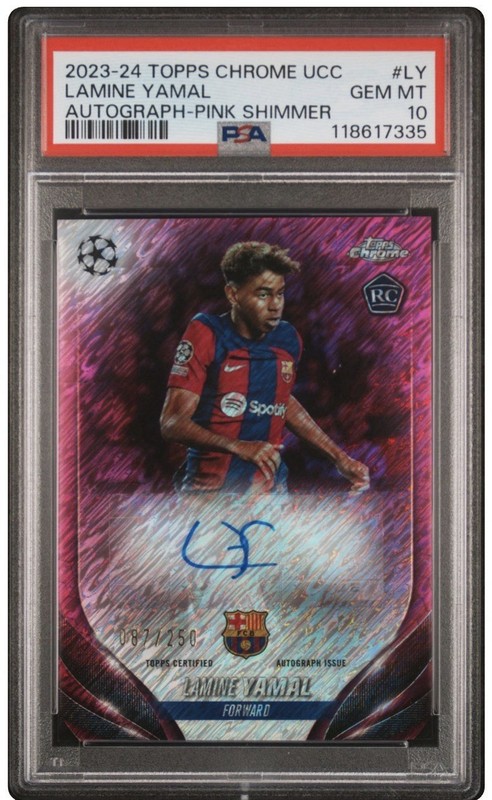 2023-24 Topps Chrome UCC Lamine Yamal Pink Shimmer Rookie Auto /250 PSA 10