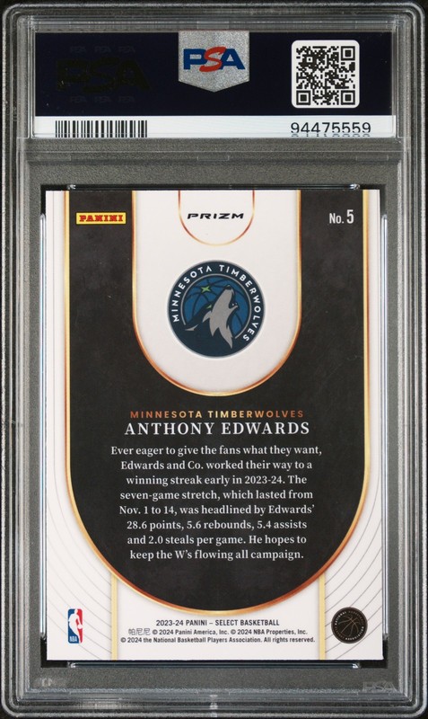 2023 Panini Select #5 Anthony Edwards Neon Icon Tectonic Prizm PSA 10 GEM MT view 2
