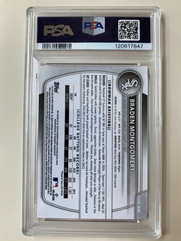 Braden Montgomery 2025 Bowman Chrome Prospect Auto Purple Ref /250 #CPABM PSA 10 view 2