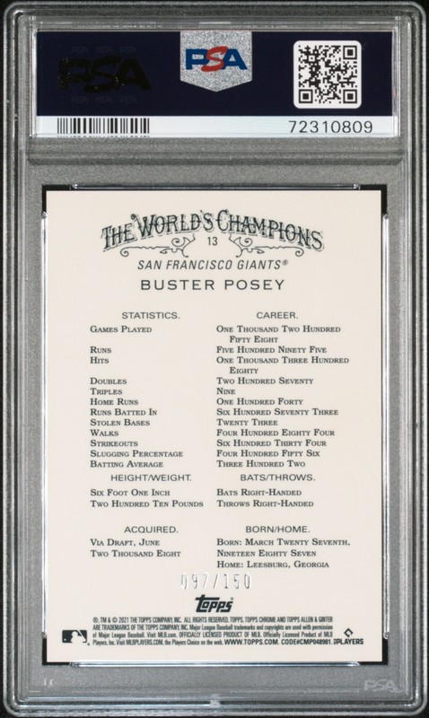 Buster Posey - 2021 Allen & Ginter Chrome Blue Refractor  PSA 10  #97/150 view 2