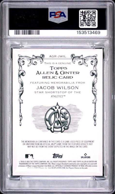 2025 TOPPS ALLEN & GINTER  RELICS JWIL JACOB WILSON Game Worn Patch POP 1 PSA RC view 2