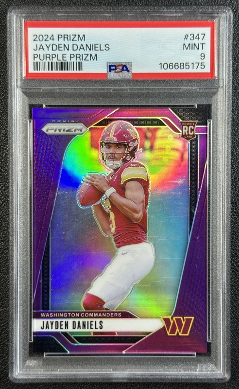 JAYDEN DANIELS PSA 9 2024 PANINI PRIZM #347 ROOKIE PURPLE RC 54/125 COMMANDERS