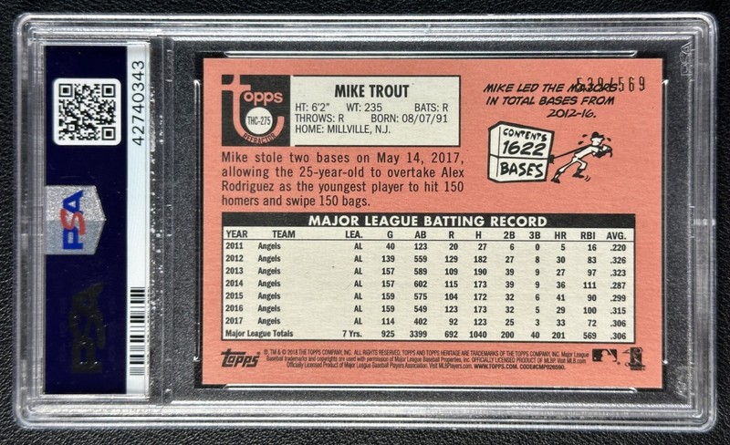 MIKE TROUT PSA 10 2018 TOPPS HERITAGE #THC-275 CHROME REFRACTOR 539/569 view 2