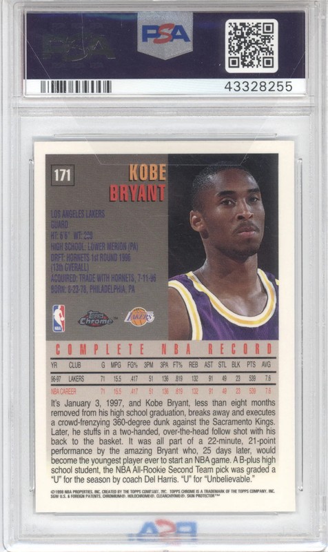 1997 Topps Chrome Kobe Bryant #171 PSA 9 view 2