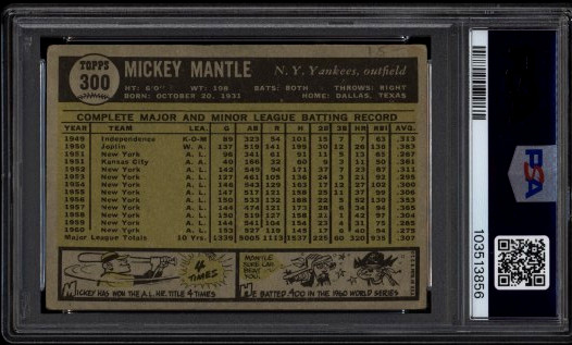 1961 Topps NY Yankees Mickey Mantle #300 HOF PSA 1.5 NICE CARD view 2