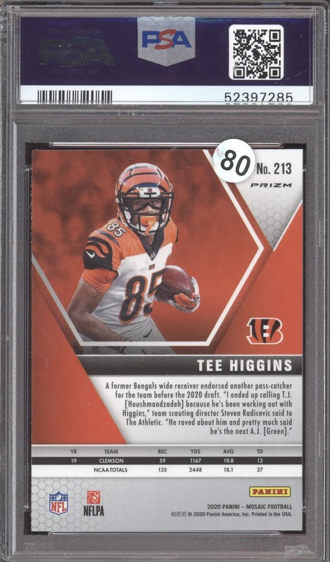 2020 Panini Mosaic Tee Higgins #213 Camo Pink RC PSA 10 view 2
