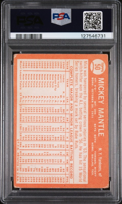 1964 Topps Mickey Mantle #50 PSA 1 view 2