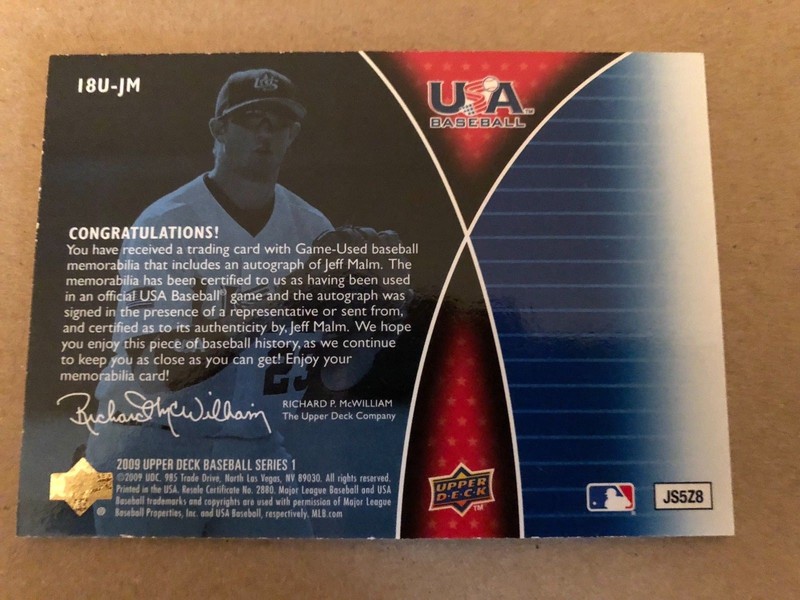 2009 Upper Deck Jeff Malm USA Baseball Game Used Auto 15/25 view 2
