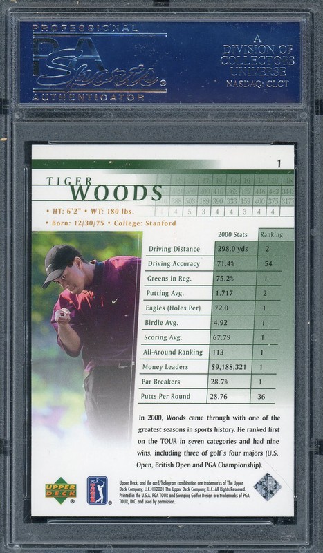 Tiger Woods 2001 Upper Deck Golf Rookie Card RC #1 Graded PSA 8 view 2