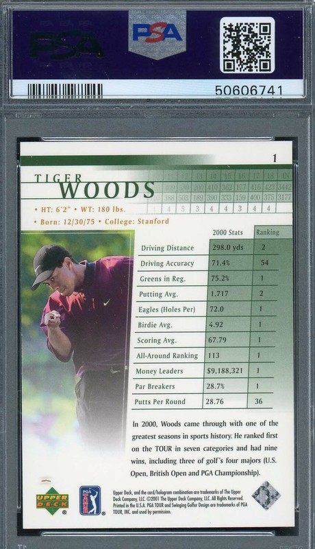 Tiger Woods 2001 Upper Deck Golf Rookie Card RC #1 Graded PSA 9 view 2