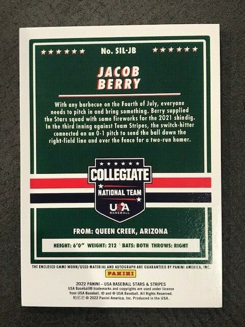 JACOB BERRY 2021 Panini Stars & Stripes USA Baseball Game Used Patch AUTO #12/15 view 2