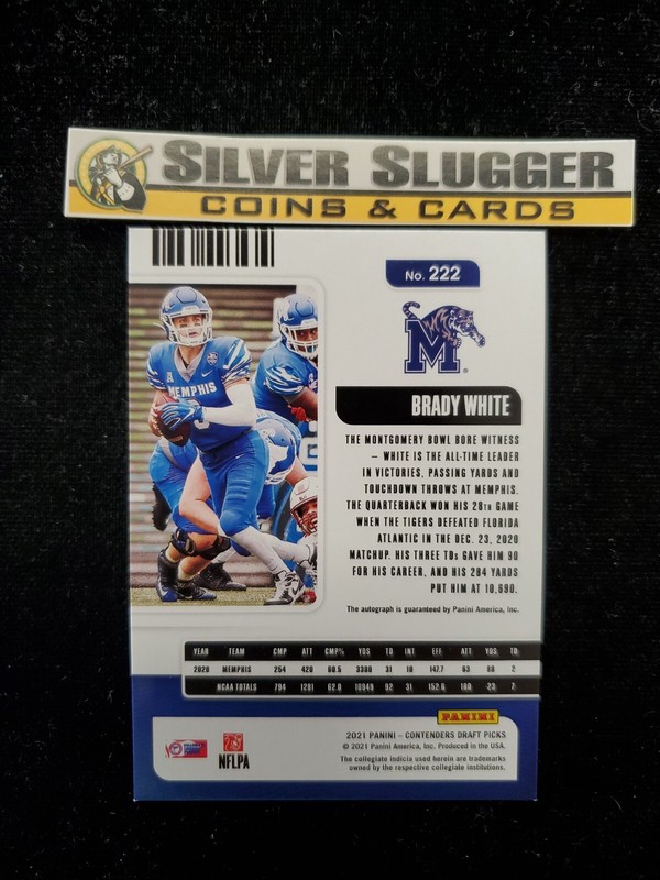 2021 Brady White Contenders Draft College Ticket Red Explosion Auto Memphis view 2