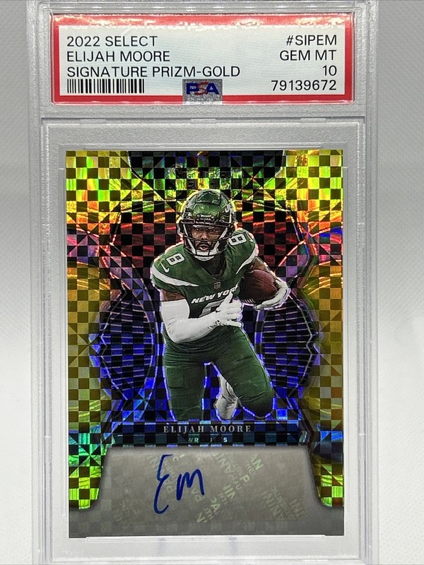 2022 Select Football #SIPEM Elijah Moore Signature Prizm GOLD 04/10 PSA 10 POP 1 view 2