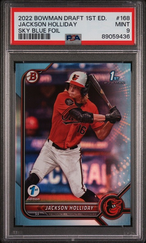 2022 Jackson Holliday Bowman Draft 1st Edition #BD-168 1st Sky Blue Foil - PSA 9 view 1