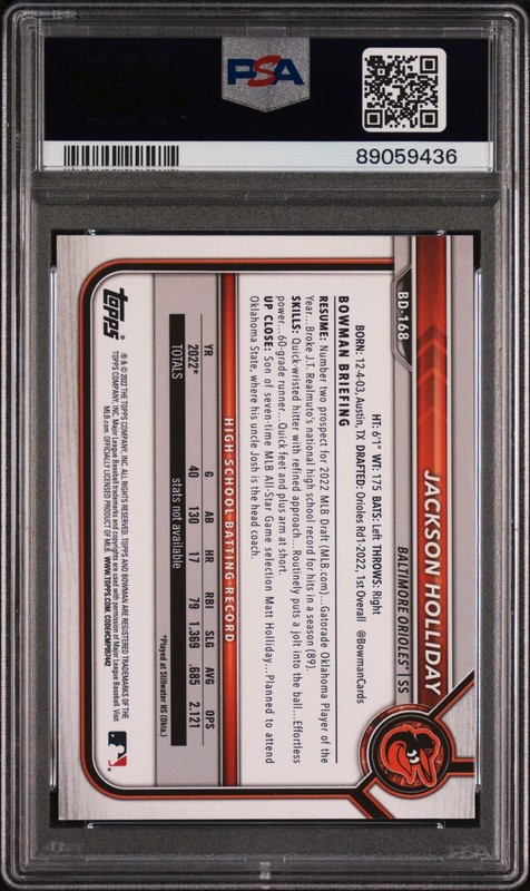 2022 Jackson Holliday Bowman Draft 1st Edition #BD-168 1st Sky Blue Foil - PSA 9 view 2