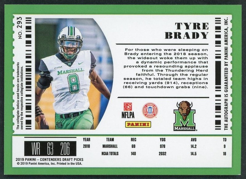 2019 Panini Contenders Draft Picks Tyre Brady Auto Rookie RC #293 Marshall view 2