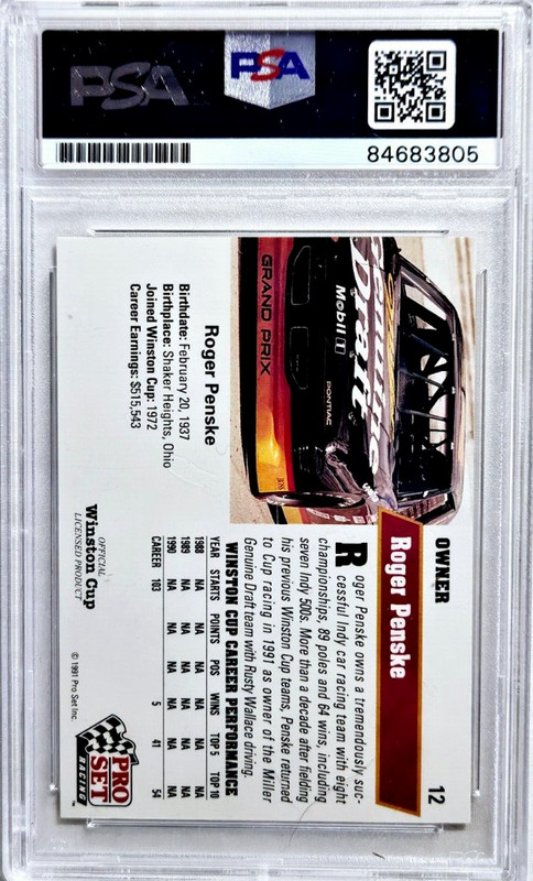1991 Pro Set Racing #12 Roger Penske Signed Rookie Card Autograph RC PSA 10 Auto view 2