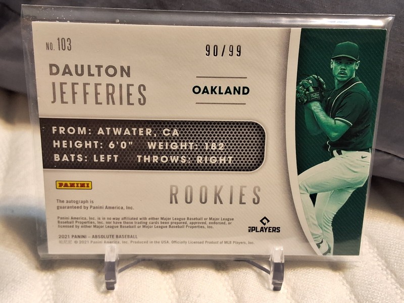 Daulton Jefferies Rookie Patch Auto /99 2021 Absolute Oakland Athletics view 2