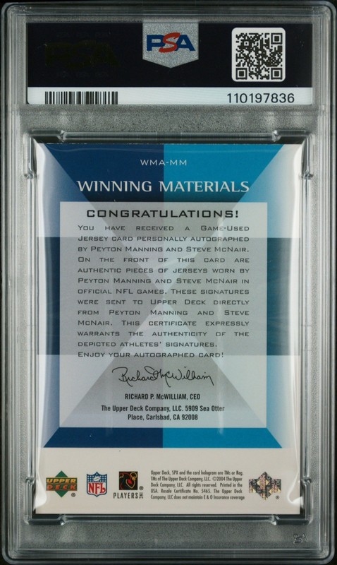 2004 UD SPX Peyton Manning Steve McNair Dual Auto Game Worn Patch PSA  /25 view 2