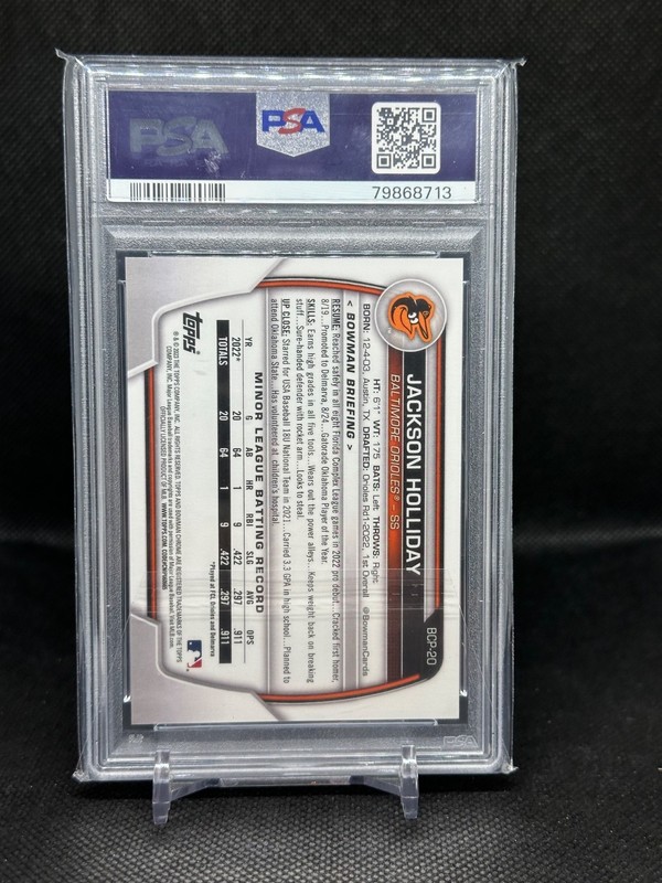 Jackson Holliday 2023 Bowman Chrome #BCP-20 Aqua Shimmer /125 Prospect RC PSA 9 view 2