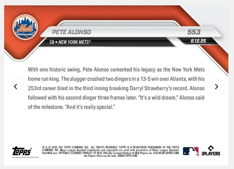 2025 Topps Now #553 Pete Alonso New York Mets Home Run King PSA 10 view 2